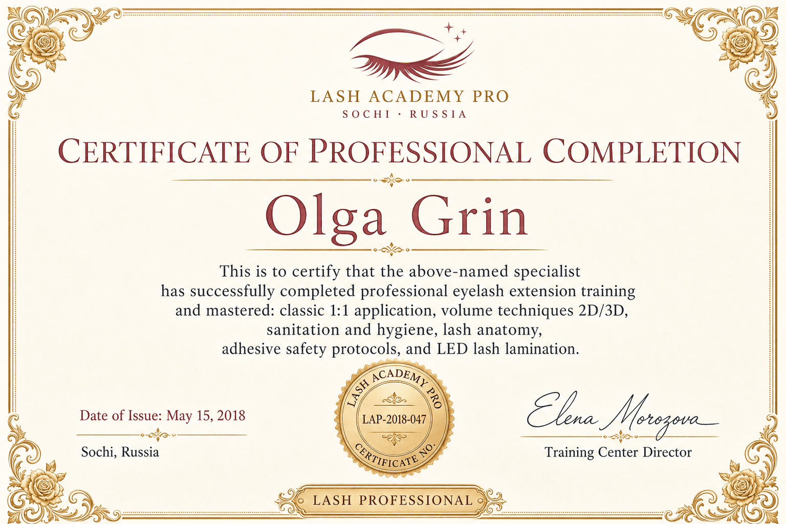 Professional eyelash extension certificate — Olga Grin, Lash Academy Pro, May 15, 2018, Sochi